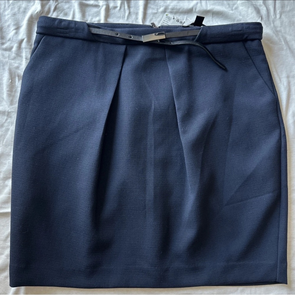Mango Dark Blue Navy mini pleated pencil Skirt with belt size 10